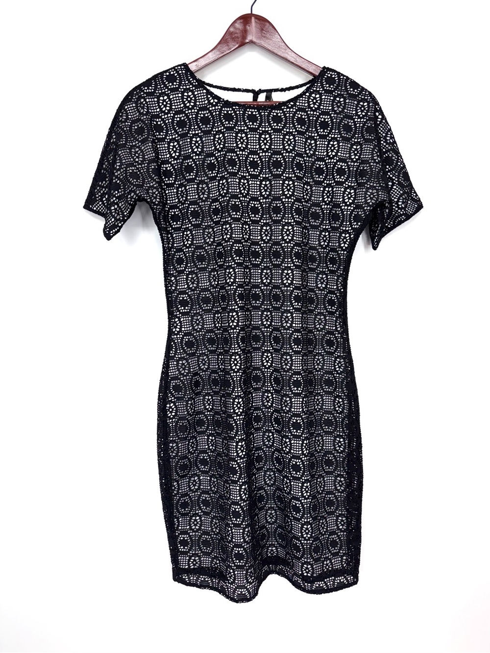 Andrew Marc NY Black Lace Overlay Short Sleeve Crewneck Sheath Mini Dress Nwt